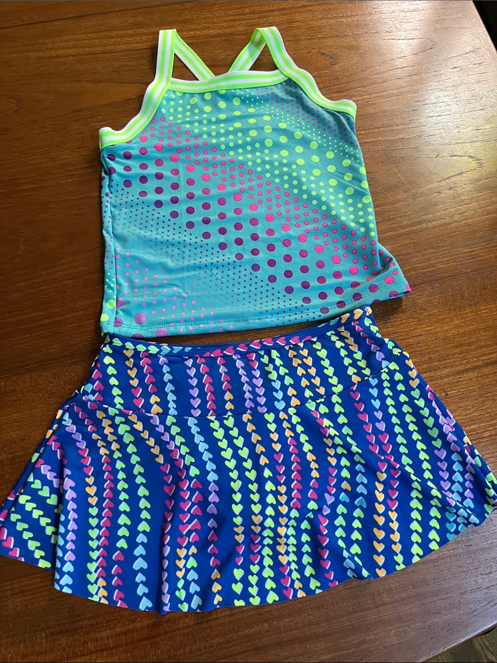 Lands' End Girls' Blue Tankini Set with Neon Dot & Heart Prints